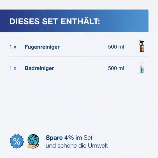Das FUSL Fugenreiniger Basic Set enth&auml;lt einen 500 ml Fugenreiniger und einen 500 ml Badreiniger. Mit diesem Set sparst du 4% und schonst die Umwelt.