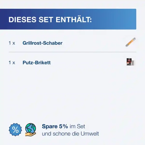 Das FUSL Grill-Schaber Basic Set enth&auml;lt einen Grillrost-Schaber und ein Puzbrikett f&uuml;r die leichte Reinigung von Grillrosten. Du sparst mit diesem Set 5% und schonst die Umwelt.